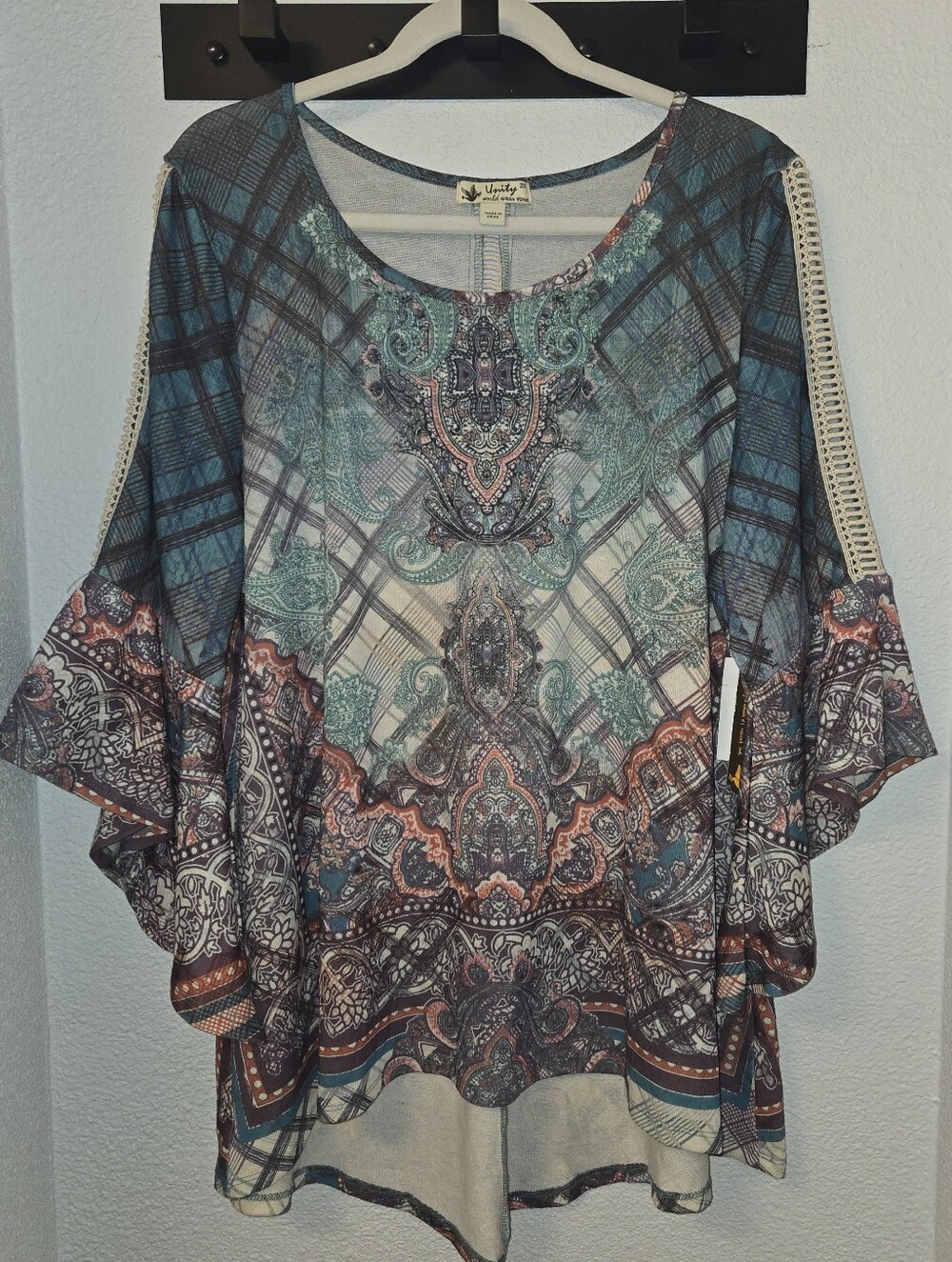 NWT Unity World Wear boho Paisley Plaid Knit Top 2X